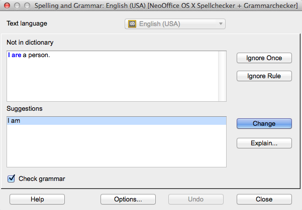 Grammar checking in the Spelling and Grammer dialog