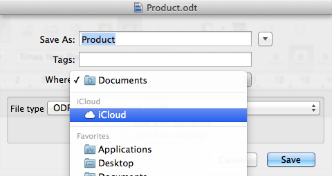 Selecting the iCloud folder in the Mac OS X Save dialog