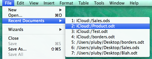 Opening an iCloud document by selecting the File :: Recent Documents menu